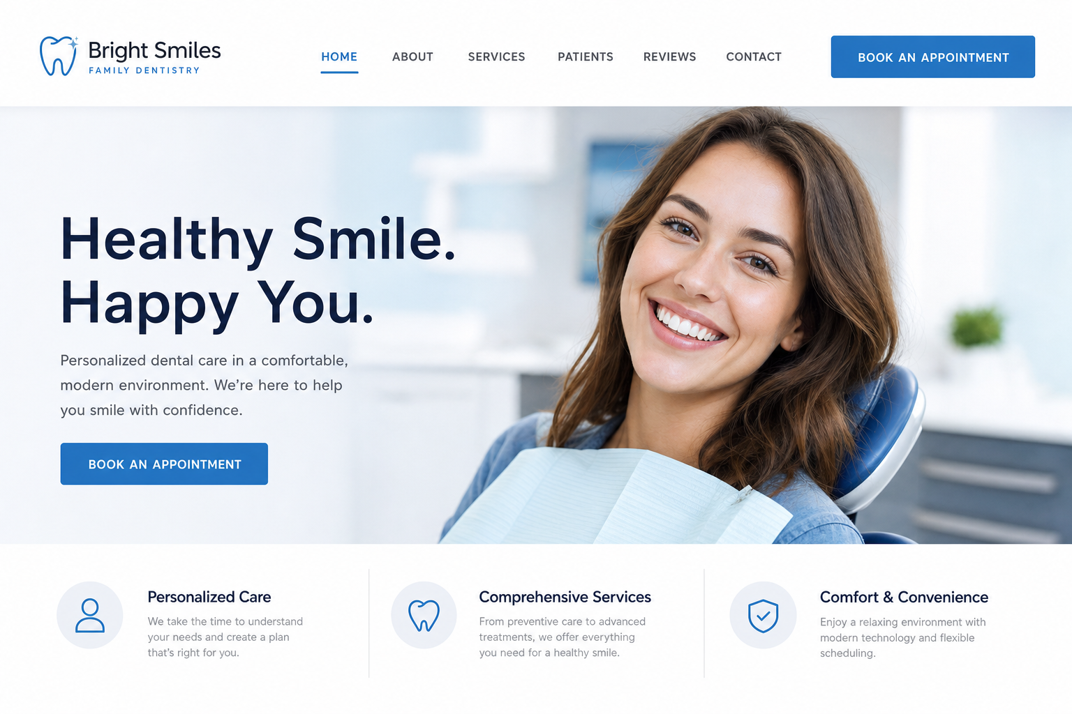 Custom website for a dental practice, with new-patient appointment booking